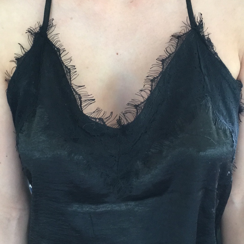 LF black satin flowy tank with lace trim